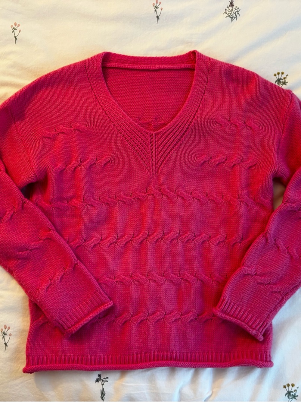 Women’s Cable V-Neck Sweater in Bright Pink